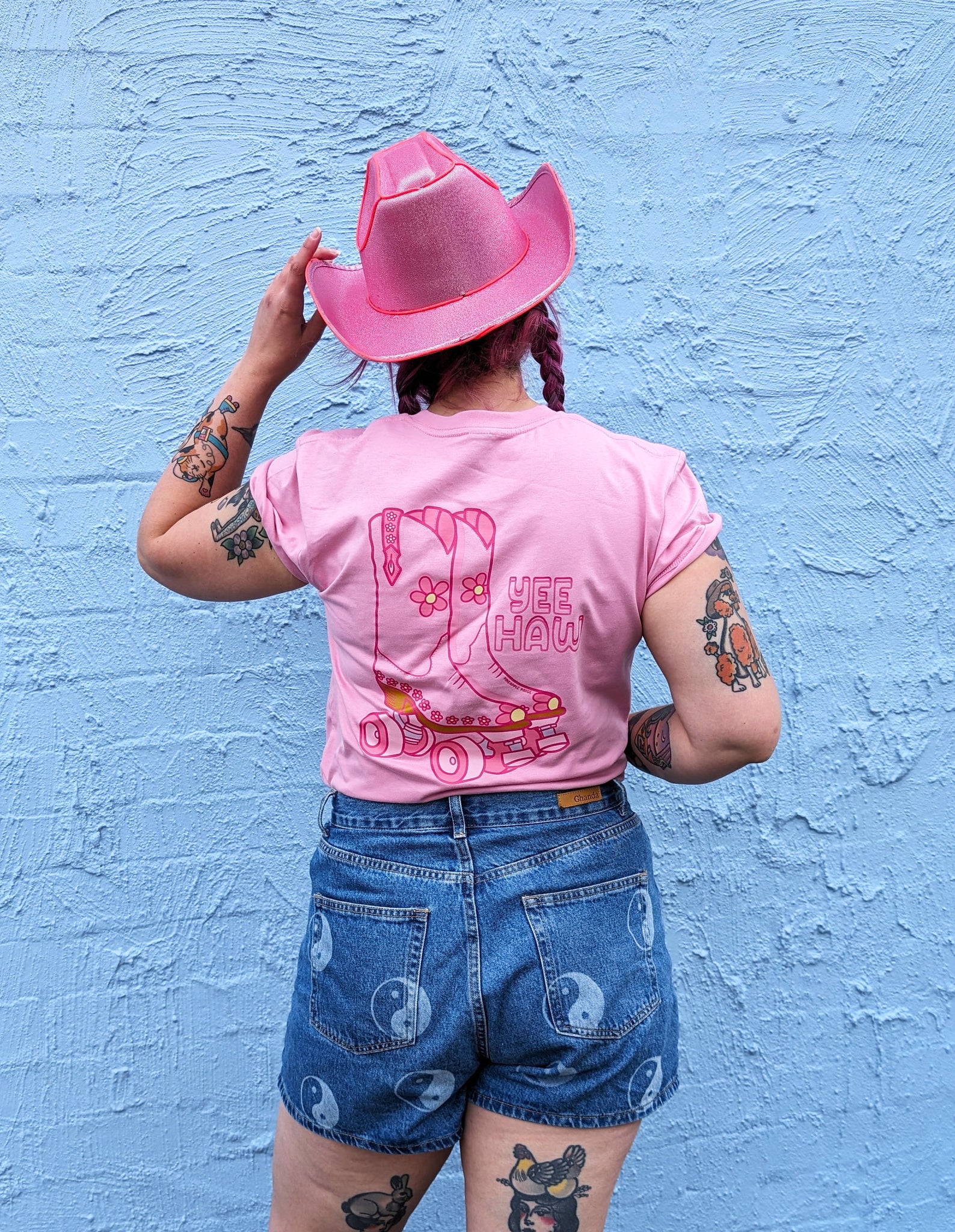 Yee Haw Rollerskate Cowboy Tee - AS Colour Bubble Gum Pink Shirt