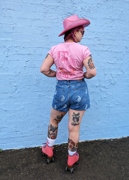 Yee Haw Rollerskate Cowboy Tee - AS Colour Bubble Gum Pink Shirt