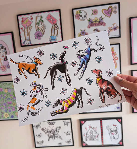 Greyhound Dog Tattoo Flash Print