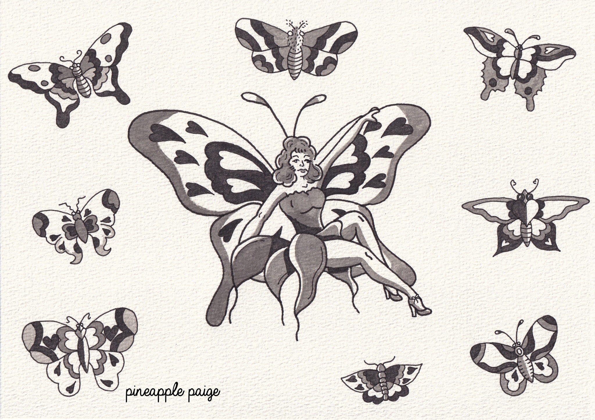 Butterfly Lady Print - Black and Grey