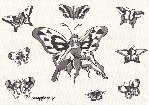 Butterfly Lady Print - Black and Grey