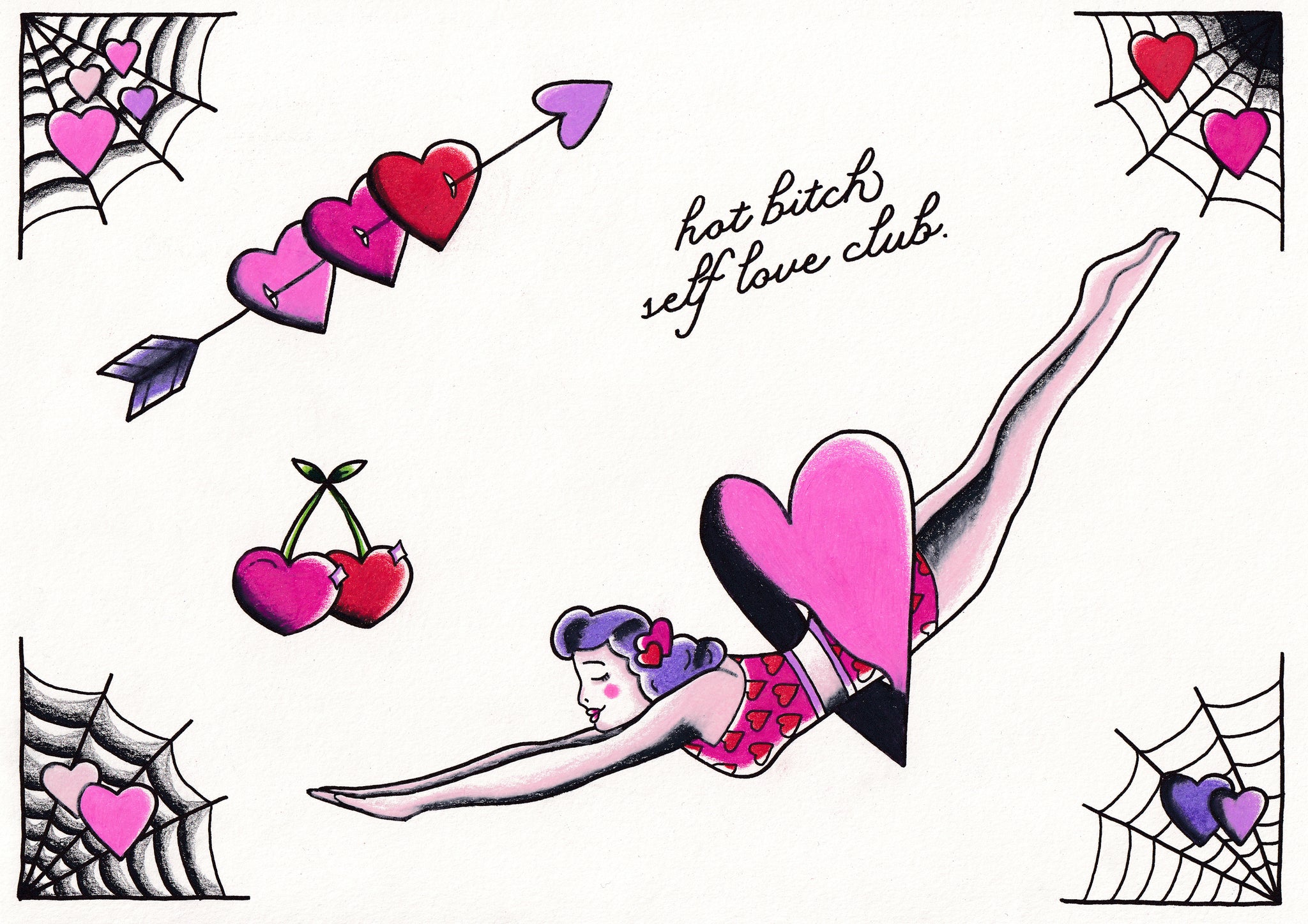 Hot Bitch Self Love Club - Flash Style Hearts Art Print