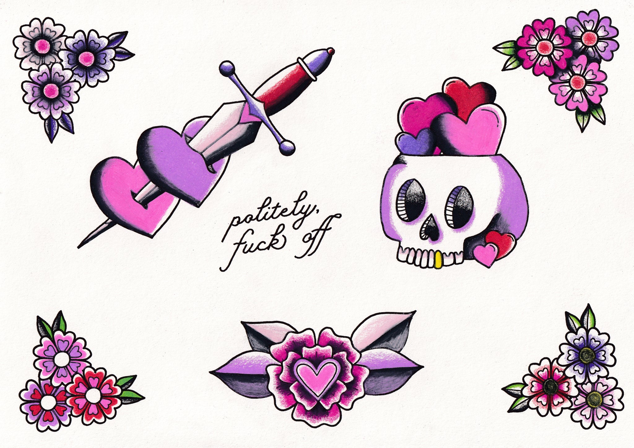 Politely, Fuck Off - Flash Style Hearts Art Print